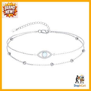 Sterling Silver Evil Eye Anklet Stackable Adjustable Opal Ankle Bracelet